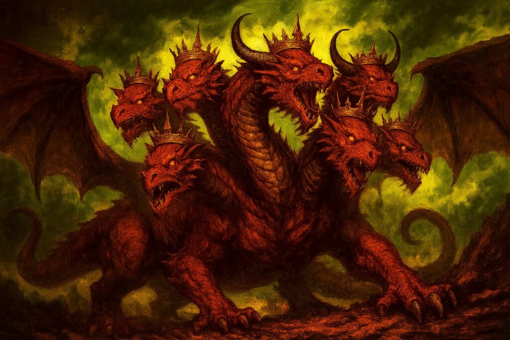 “Un grand dragon rouge, ayant sept têtes et dix cornes, et sur ses têtes sept diadèmes.” © 2025 Dark-Stories.com - Image produite par IA