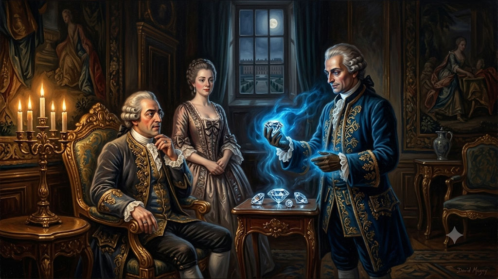 Peinture du Comte de Saint-Germain montrant une lumière bleue magique au Roi Louis XV et Madame de Pompadour à Versailles.