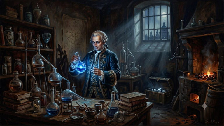 Peinture à l’huile réaliste de style baroque du Comte de Saint-Germain à Londres vers 1743. Le Comte, vêtu d'un manteau de velours bleu brodé et d'une perruque poudrée, tient un ballon lumineux d'où émane une lumière magique bleue dans un laboratoire d'alchimie encombré.