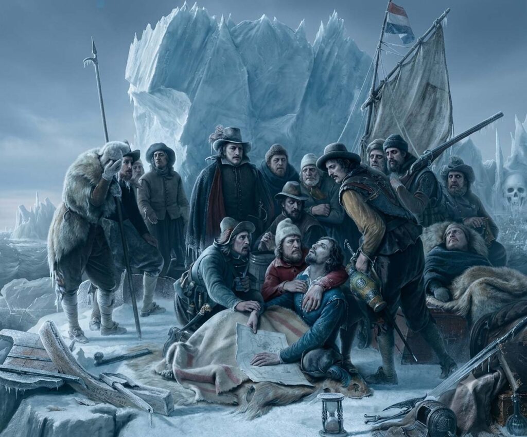 Illustration de la mort de Willem Barents, sur la banquise arctique lors de l'expédition de 1596.