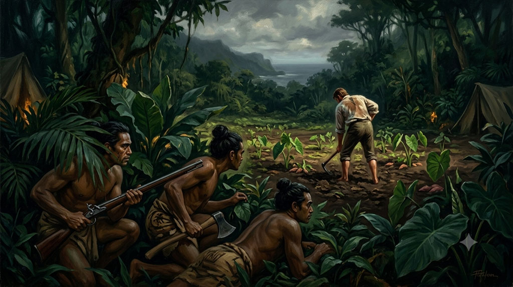 Des hommes polynésiens observent en silence Fletcher Christian alors qu'il travaille la terre dans sa plantation, quelques instants avant le déclenchement du massacre méthodique des mutinés britanniques.