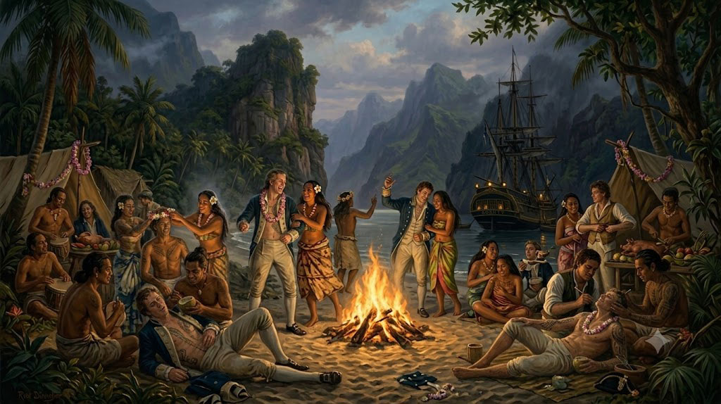 Reconstitution de l'escale du Bounty à Tahiti avec marins et habitants autour du feu