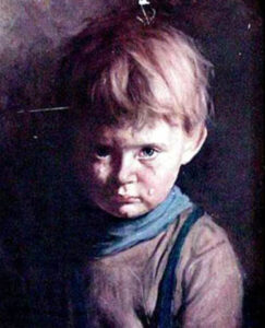 Portrait d'un jeune garçon blond aux yeux bleus qui pleure, avec un col roulé bleu et des bretelles, peint par Bruno Amadio (J. Bragolin).