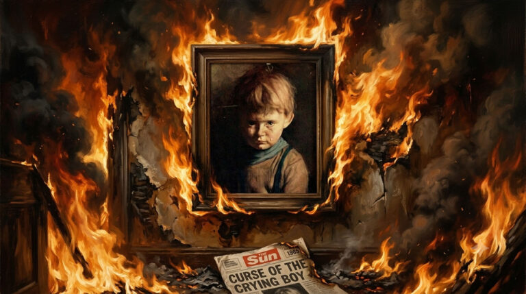 Peinture à l'huile représentant le tableau du Garçon qui pleure suspendu à un mur en flammes et intact au milieu d'un incendie.