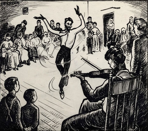 Une image de 1932 représentant le beau danseur, la légende du diable et de Rose Latulipe