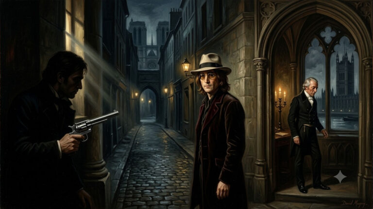 Peinture à l'huile dramatique représentant John Lennon dans une rue sombre, Spencer Perceval et un homme armé dans la pénombre.