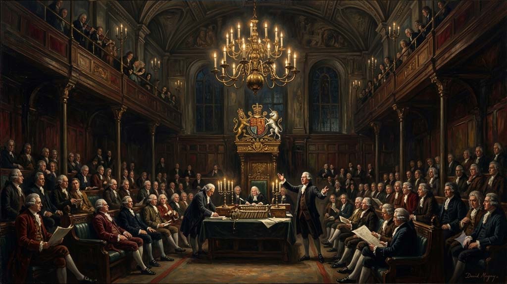 Peinture numérique de style classique représentant une séance nocturne à la Chambre des Communes britannique au XVIIIe siècle, éclairée par un grand lustre à bougies, avec un orateur en perruque s'adressant à l'assemblée.
