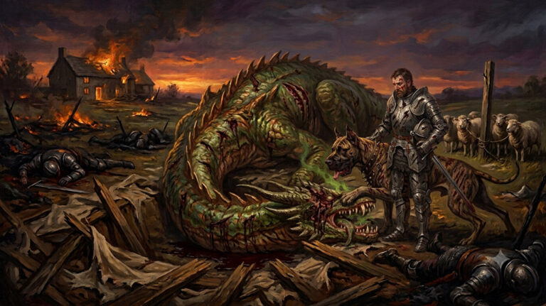 Peinture à l'huile dramatique représentant un chevalier armé et son grand dogue, tous deux couverts de sang et de blessures, debout à côté de la dépouille d'un dragon serpentin vaincu dans un paysage d'écurie en flammes.