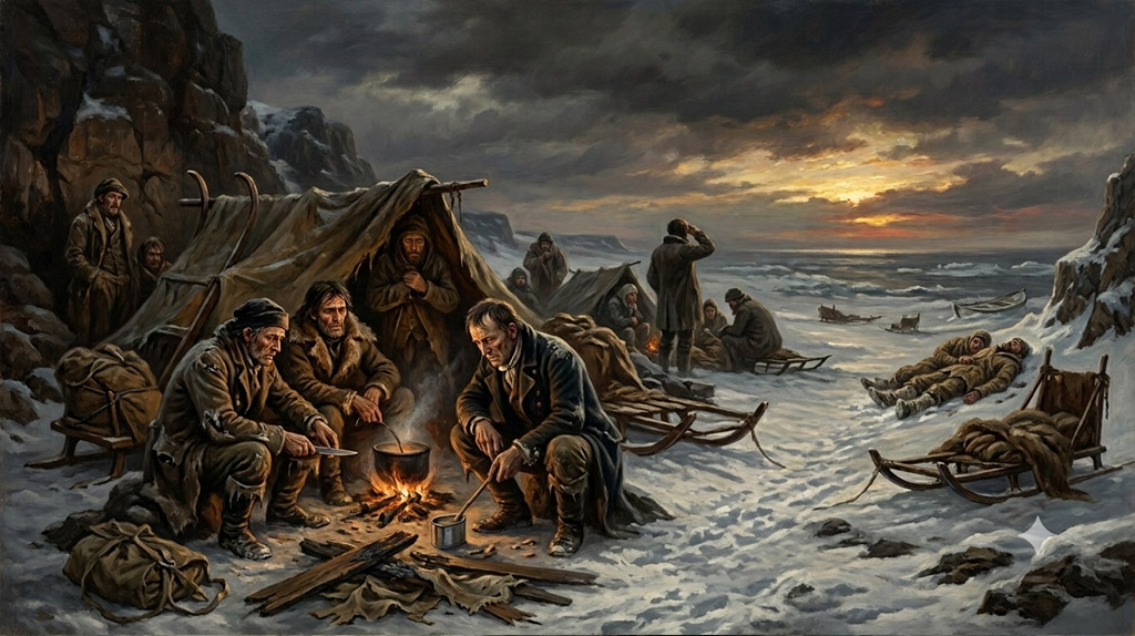 Les survivants de l’expédition Franklin regroupés autour d’un feu de fortune dans la pénombre glaciale de l’Arctique, ignorant les corps démembrés de leurs compagnons gisant dans la neige maculée, témoins tragiques du désespoir et du cannibalisme de survie.