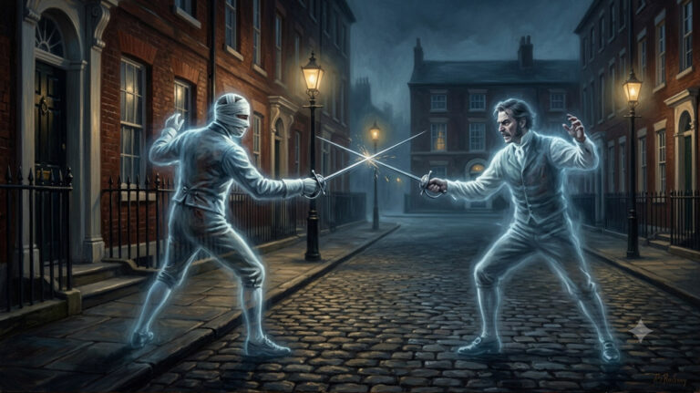 les fantômes lumineux de John Henry Kingsley et d'Alistair Balfour. Kingsley, avec sa tête swathée de bandages, et Balfour, un Écossais fougueux, s'affrontent en duel à l'épée sur une rue pavée de Liverpool des années 1880