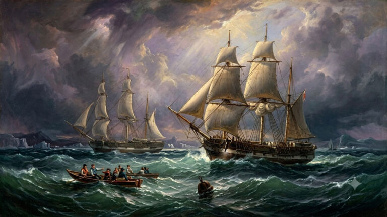 HMS Erebus et Terror en mai 1845 pour l'expédition Franklin, fendant une mer formée sous un ciel chargé, guidés par un canot de marins au premier plan sous la lumière dramatique de l'Arctique.