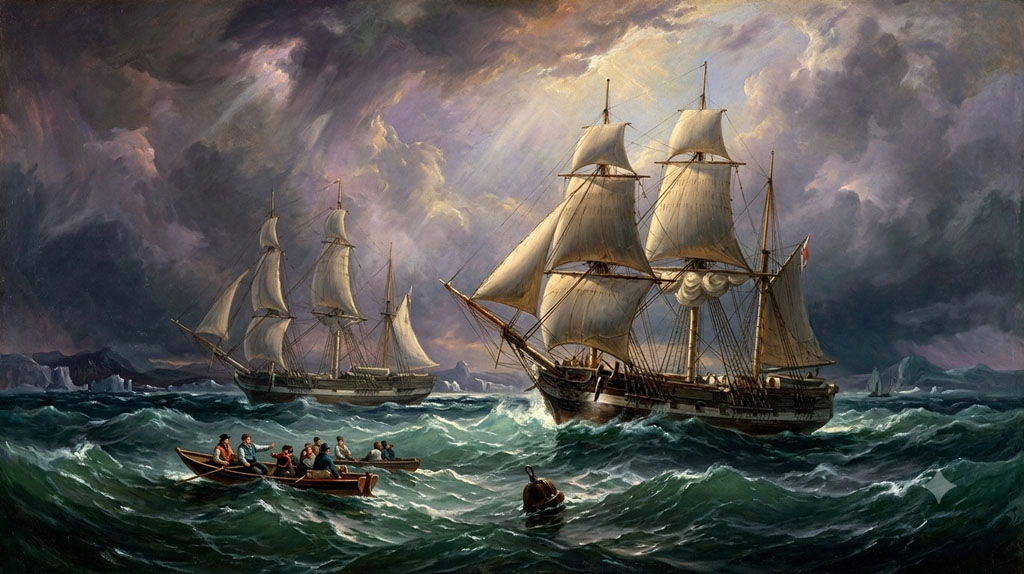 HMS Erebus et Terror en mai 1845 pour l'expédition Franklin, fendant une mer formée sous un ciel chargé, guidés par un canot de marins au premier plan sous la lumière dramatique de l'Arctique.