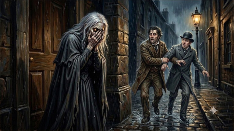 Peinture réaliste de la Banshee aux cheveux blancs soulevés par un homme sous la pluie devant les colonnes grecques du Wellington Rooms à Liverpool.