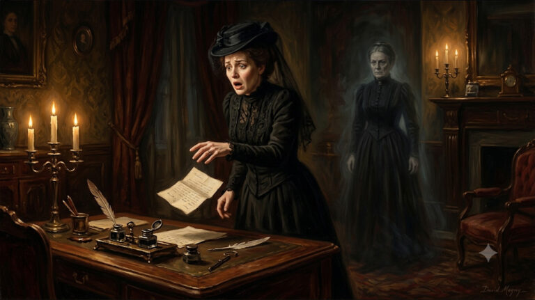 Peinture réaliste d'une femme terrifiée découvrant une lettre d'outre-tombe près d'un secrétaire victorien en présence d'un fantôme
