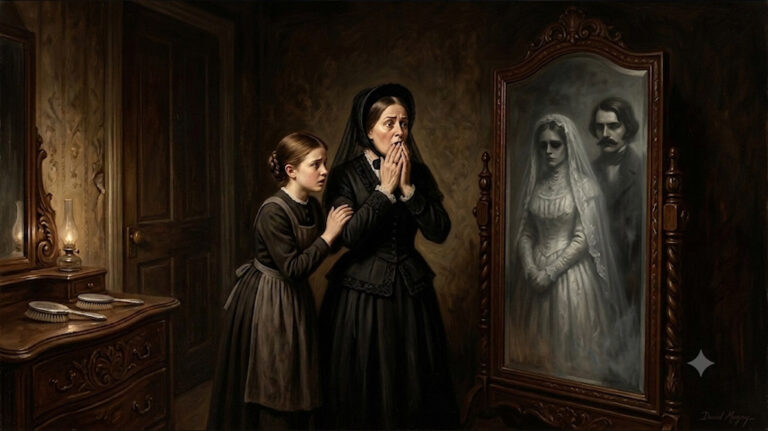 Peinture réaliste montrant une femme et une jeune fille horrifiées devant l'apparition d'un fantôme de mariée dans un grand miroir victorien