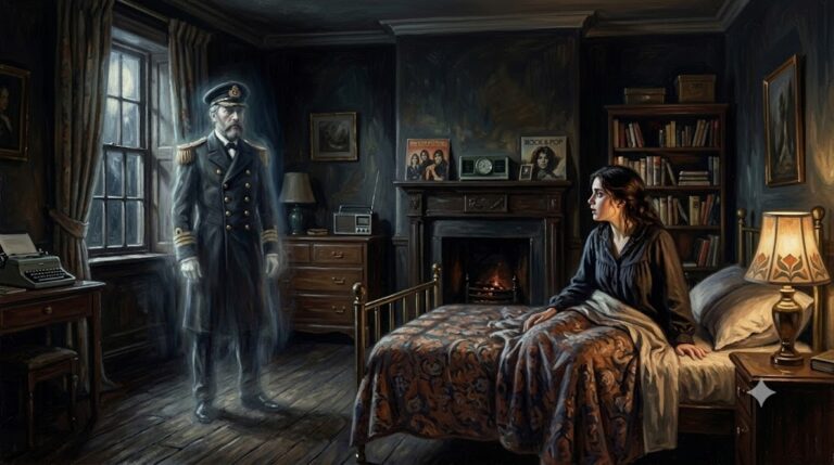 Illustration en peinture à l'huile du fantôme du capitaine John Pickering apparaissant dans la chambre d'une jeune fille à Liverpool dans les années 1970.