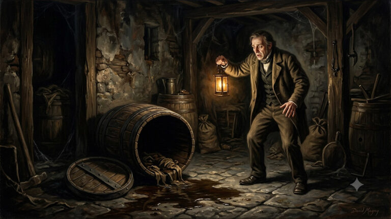 Peinture réaliste montrant la découverte d'un tonneau vide dans la cave d'un joaillier à Liverpool en 1858