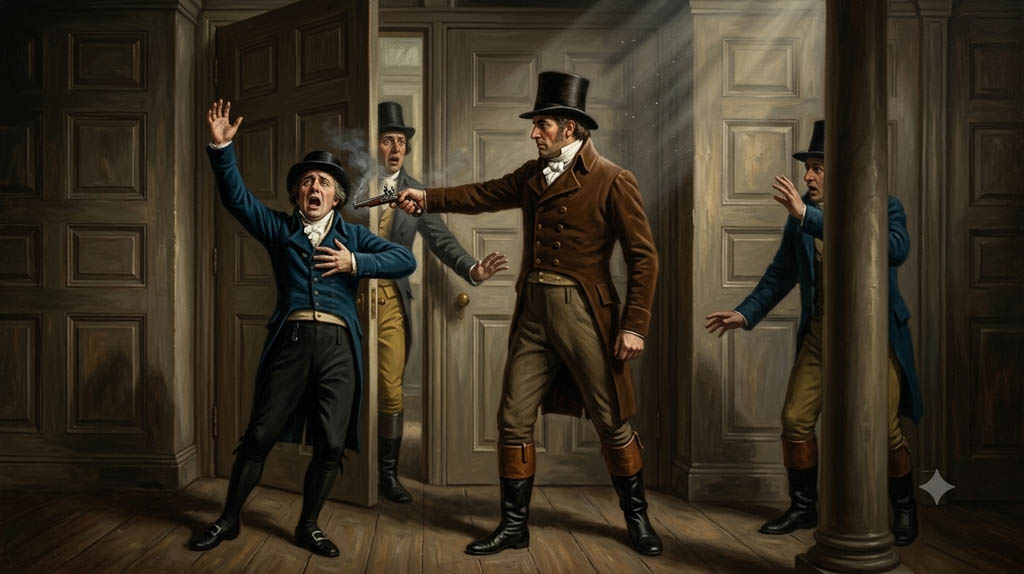 Reconstitution historique en peinture numérique de l'assassinat du Premier ministre britannique Spencer Perceval par John Bellingham à la Chambre des Communes en 1812, inspirée d'une gravure d'époque.