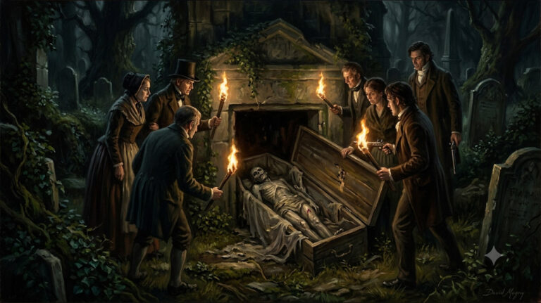 Peinture réaliste montrant la découverte d'un vampire dans son caveau au cimetière de Croglin Grange
